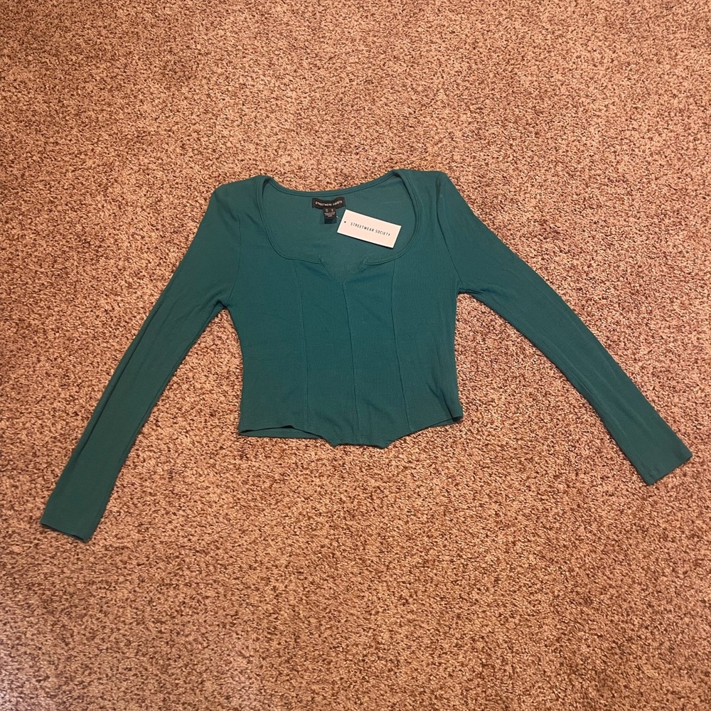 Chic Teal Long Sleeve Crop Top